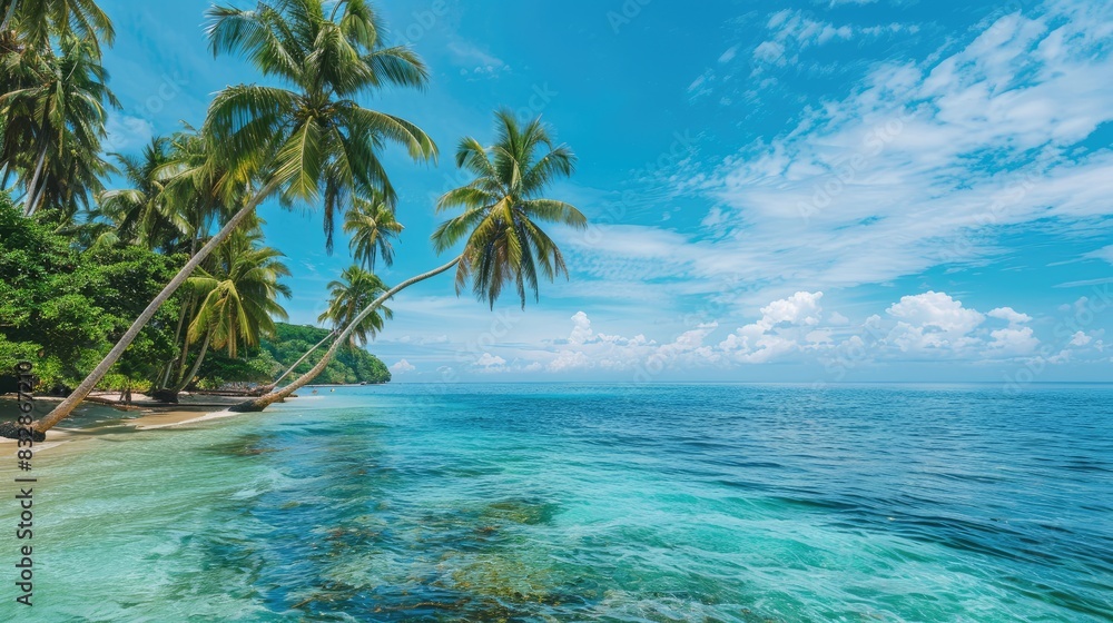 Appreciate the tropical island scenery with its azure seas and palm trees Travel tourism holiday Appreciate the tropical island scenery with its azure seas and palm trees Travel tourism holiday