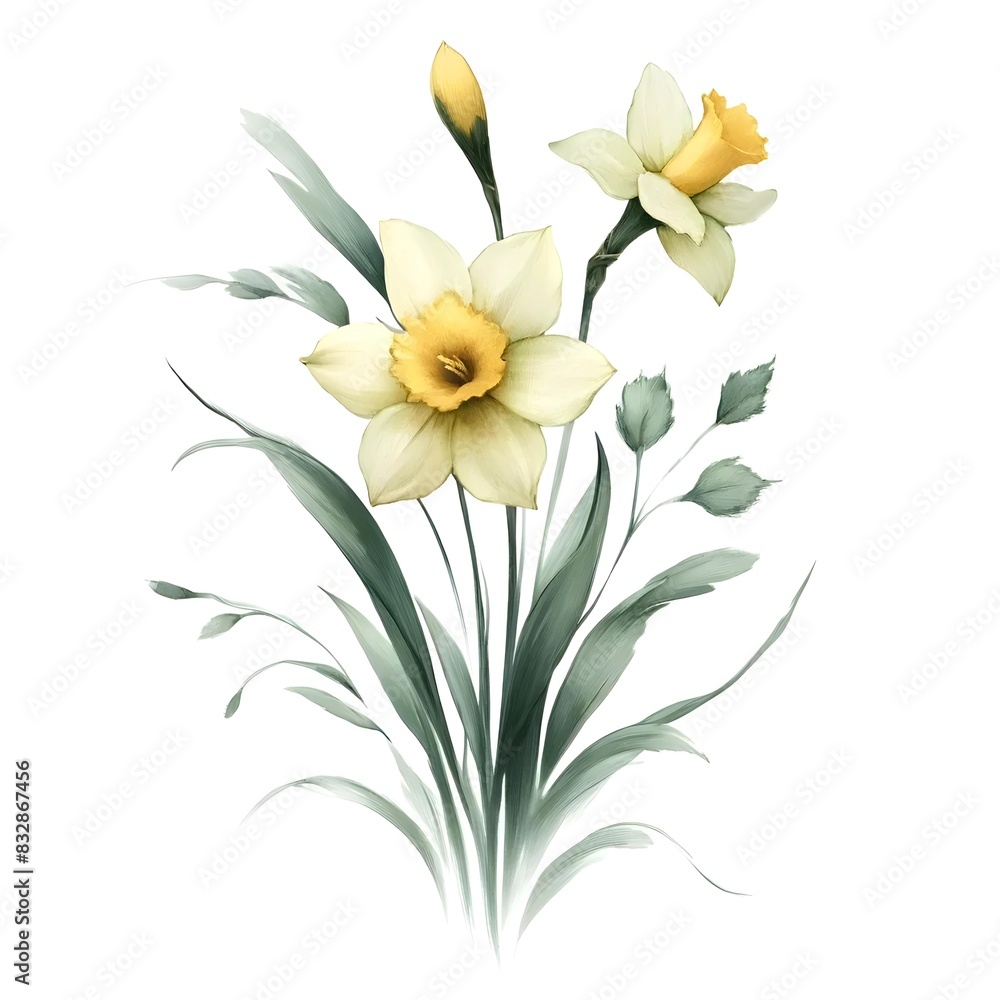 Obraz premium Watercolor drawing of yellow Daffodil flower, minimalistic sketch for garden, a single plant for summer 