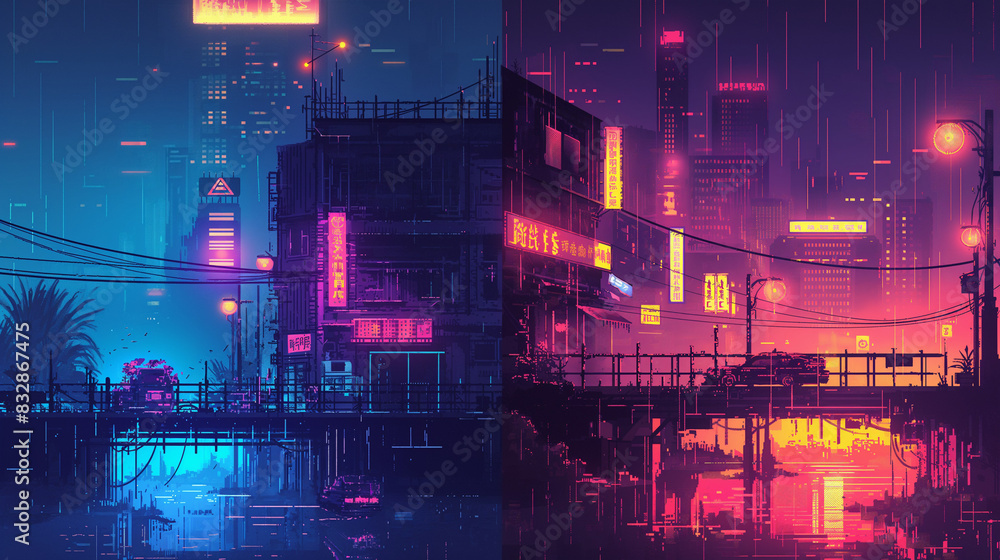 Split painting of two cyberpunk towns in a pixelated style. Generative Ai wallpaper. 