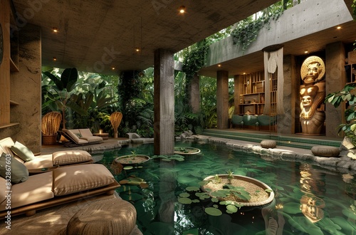 a lodge in the jungle with a pond, in the style of mayan art and architecture, light emerald and navy, stone, post-minimalist, authentic details, installation, firecore photo