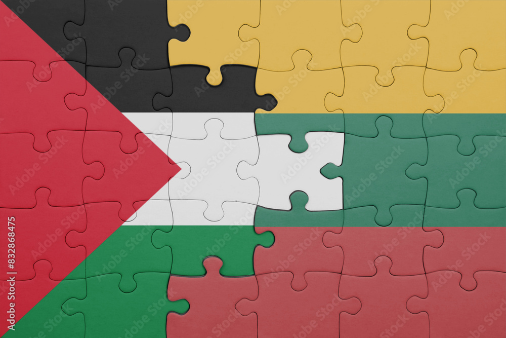 puzzle with the colourful national flag of lithuania and flag of palestine. puzzle with the colourful national flag of lithuania and flag of palestine.