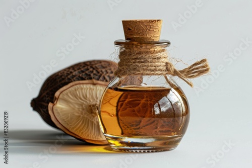 bottle of baobab oil with baobab on plain white background from Generative AI
