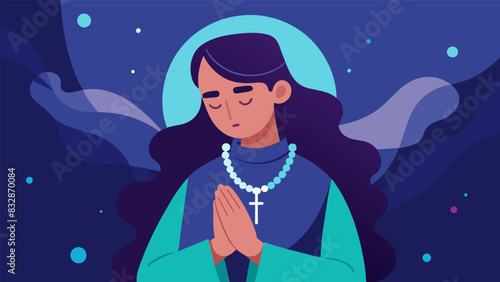 With eyes closed in deep concentration the clasped hands clutch the rosary tightly lost in a world of prayers and devotion.. Vector illustration