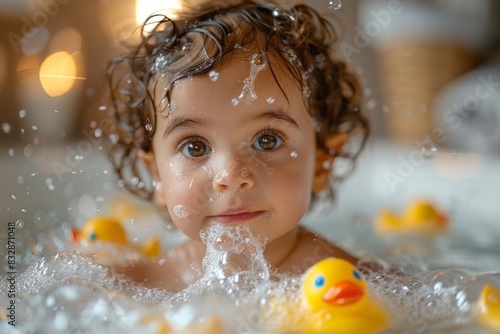 Smiling baby in a bubbly bath with rubber ducks, enjoying bath time. © Dina