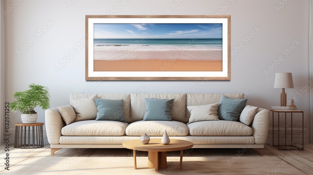 Fototapeta premium Living Room with Coastal Landscape Painting and Modern Furniture