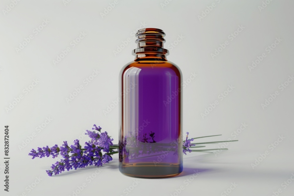 bottle of lavender oil on plain white background from Generative AI bottle of lavender oil on plain white background from Generative AI