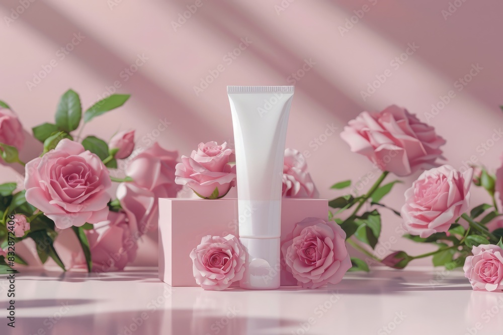 pink roses background with lotion tube container for healthy skincare ad beauty product concept from Generative AI pink roses background with lotion tube container for healthy skincare ad beauty product concept from Generative AI
