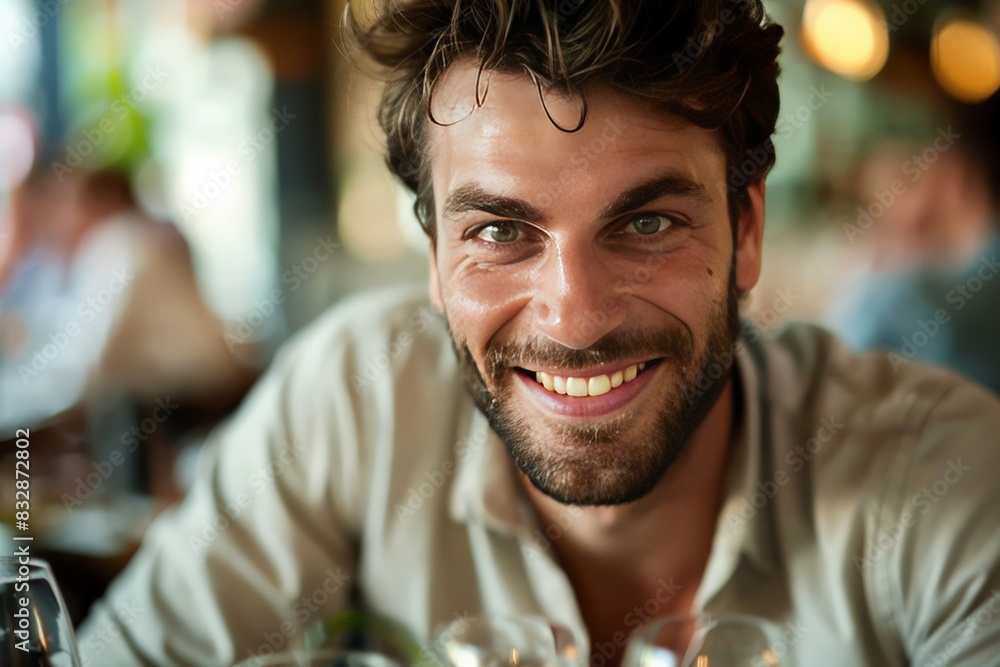 Close-up of an attractive young male smiling at camera, in a lively social setting with glasses in the background Close-up of an attractive young male smiling at camera, in a lively social setting with glasses in the background