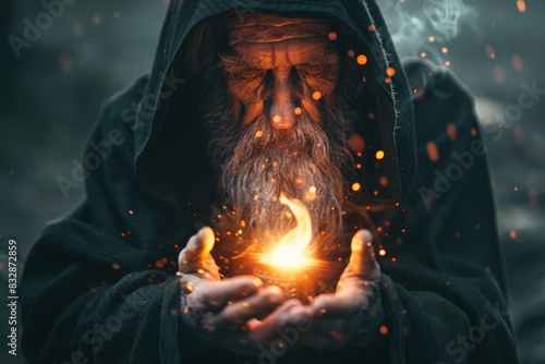 An elderly wizard holding a small magic flame in his hands, face focused and calm photo