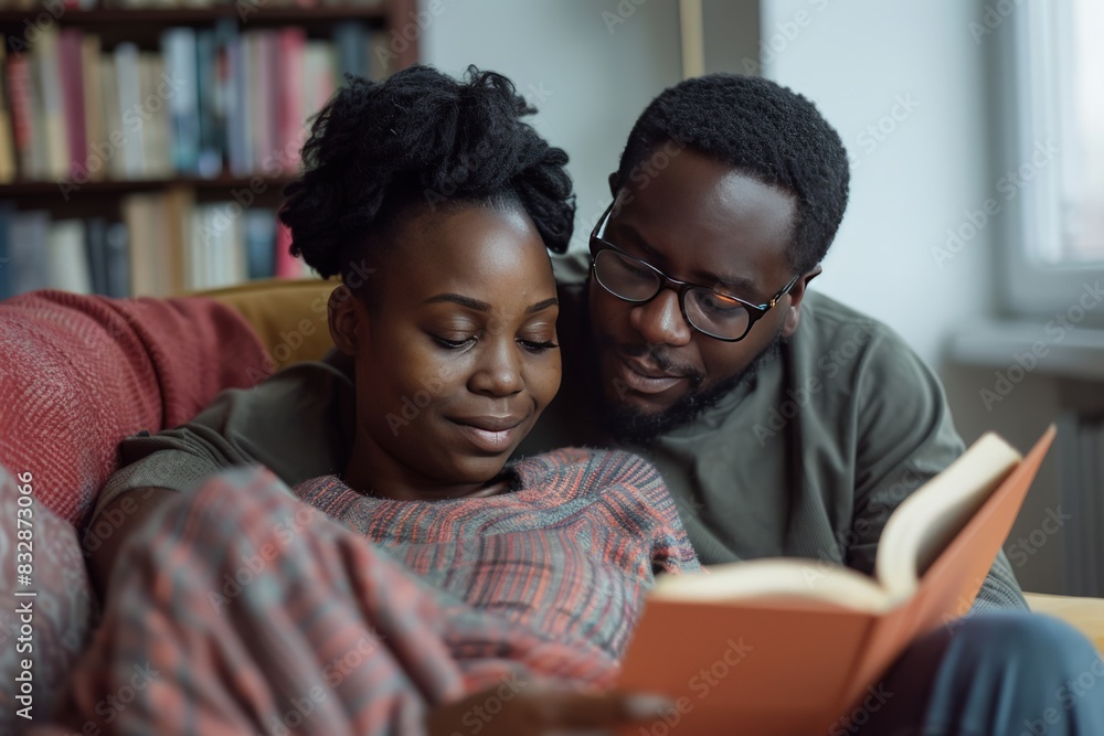 Intimate and cozy moment of a couple reading a book together, enveloped in a shared blanket Intimate and cozy moment of a couple reading a book together, enveloped in a shared blanket