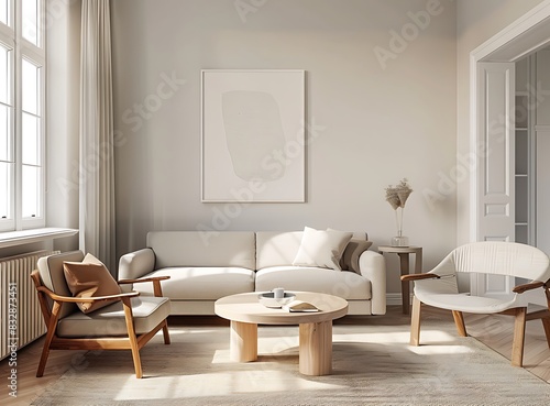 Scandinavian interior design of a modern living room and dining area with a beautiful wooden sofa  armchair  white coffee table near the window in a flat home decor with a light gray wall