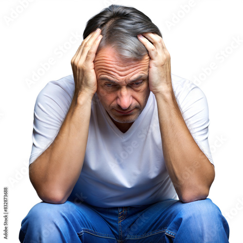 Man Sitting on Ground With Hands on Head