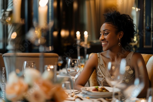 A content woman enjoys a fine dining experience  with a focus on her radiant smile and the elegant surrounding