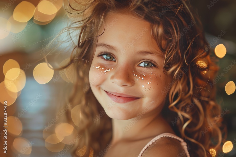 Fototapeta premium A child with a subtle smile and golden-themed glitter makeup against a beautifully blurred golden background