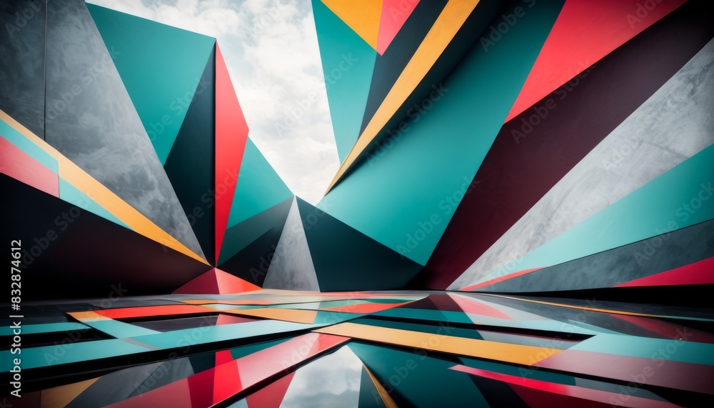 custom made wallpaper toronto digitalModern abstract with sharp geometric shapes in vivid colors and reflections on a glossy surface.. AI Generation