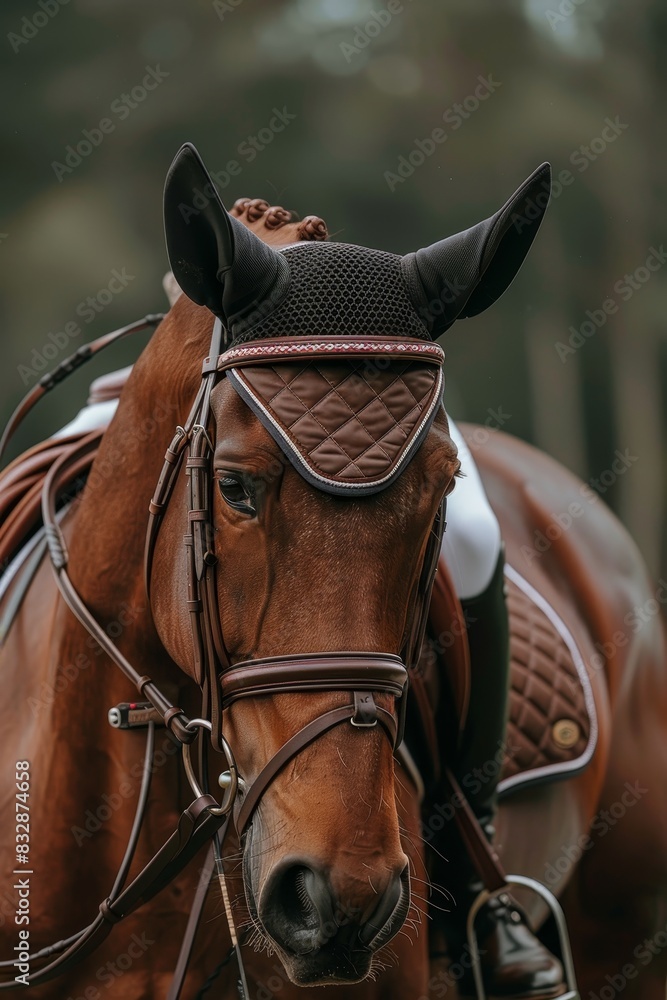 Obraz premium Close up of equestrian saddle and stirrups for competitive ride at summer olympic games
