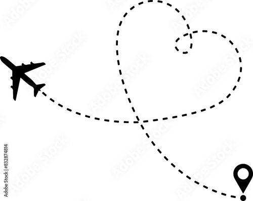 Simple flat vector of aircraft that moves from the starting point and draws a heart shape with its route. Concept of transportation