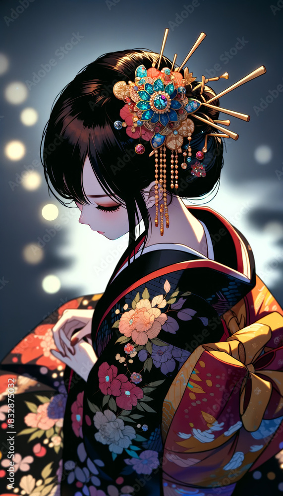 Fototapeta premium 日本画（Japanese painting）／美人画 美女 着物 anime イラスト