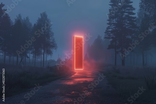 A sinister red portal looms over an abandoned road at twilight, giving a sense of eerie solitude and mystery photo