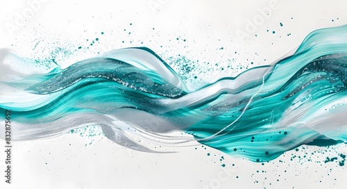 Abstract shiny turquoise golden ink wave background with copy space. Transparent watercolor wallpaper. photo