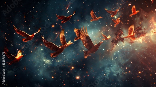A flock of phoenixes on the background of space with a trace of wings  photo
