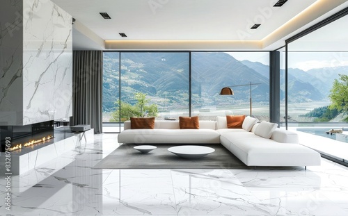 Modern living room interior with marble floor  white sofa and fireplace against panoramic window overlooking the valley. The interior is designed