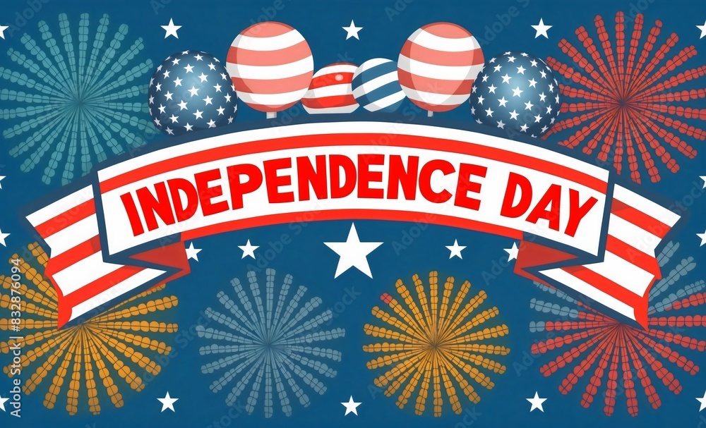 Fototapeta premium Festive 4th of July with colorful fireworks, American style balloons and scattered stars, a 