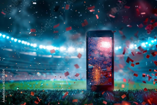 Advertising sports betting. Screen mobile phone on background football field, win, confetti. Demonstration football on screen. Bookmaking offices, bets, predictions, luck. photo