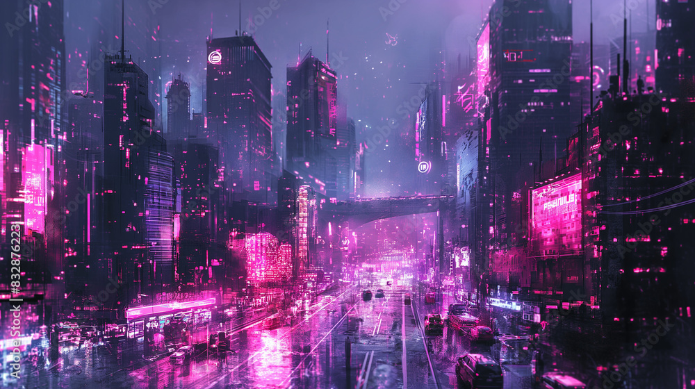 Painting of a pink futuristic cyberpunk city.