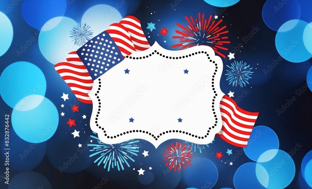 Obraz premium Clear Frame border with American flag and fireworks on a 4th of July blue bokeh lights background, celebrating Independence Day, space for text, banner template
