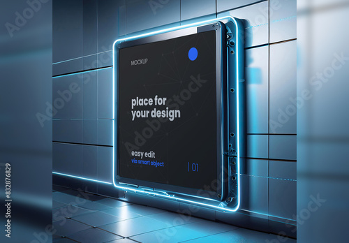 Futuristic Neon Square Frame Poster Mockup Generative Ai