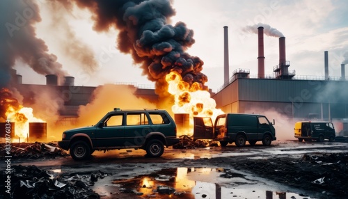 Dramatic image of an industrial complex in flames with dense, dark smoke billowing and vehicles in the foreground, reflecting a serious incident.. AI Generation
