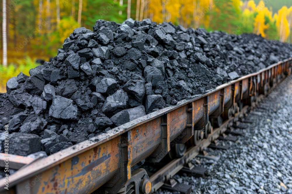Close-up shot of a fully loaded coal wagon. concept of coal mining and transportation Close-up shot of a fully loaded coal wagon. concept of coal mining and transportation