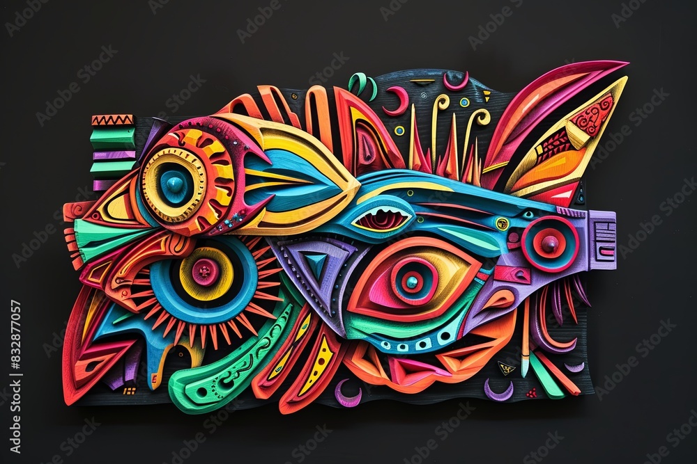 Obraz premium Vibrant Tribal Colorful Woodcarving Style on Black Background