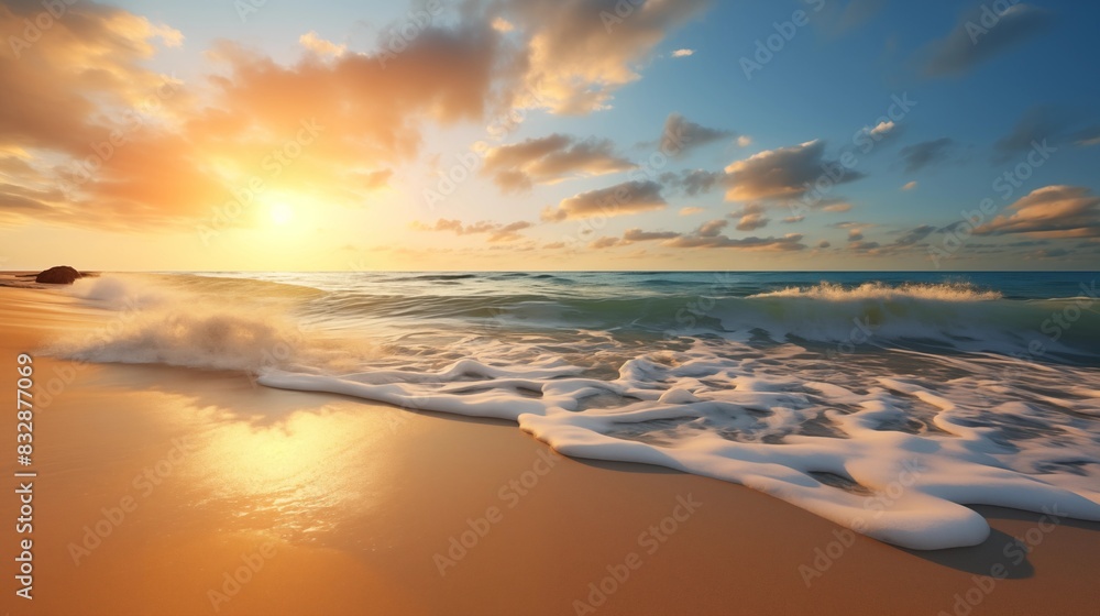 Golden Sunset Over Serene Beach with Waves Gently Crashing on the Shore Golden Sunset Over Serene Beach with Waves Gently Crashing on the Shore