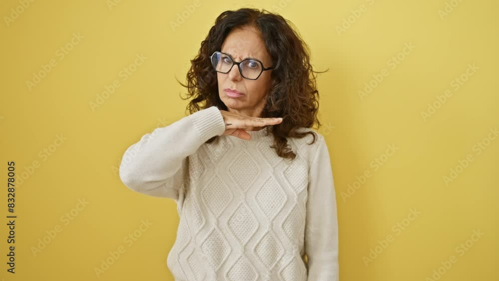 Furious middle-aged hispanic woman in glasses, wielding a hand-as-knife threat, viciously gesturing 'cut throat' against a stark yellow background Furious middle-aged hispanic woman in glasses, wielding a hand-as-knife threat, viciously gesturing 'cut throat' against a stark yellow background