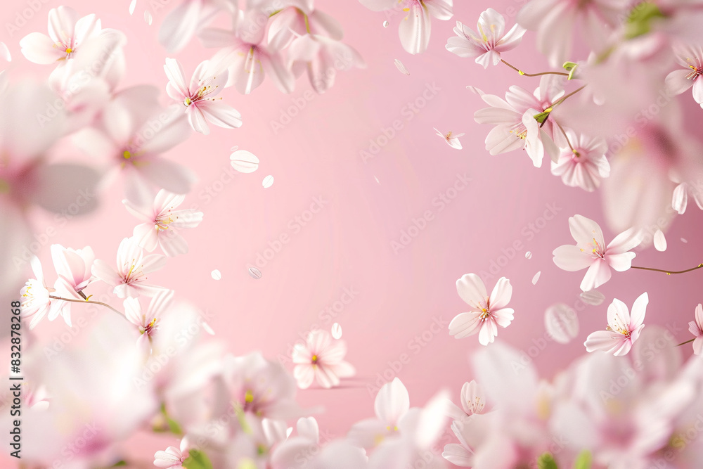 Pink cherry blossoms bloom on a branch in spring, their delicate petals a symbol of fleeting beauty