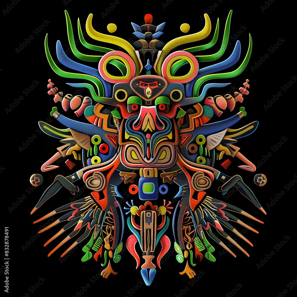 Fototapeta premium Vibrant Tribal Colorful Woodcarving Style on Black Background