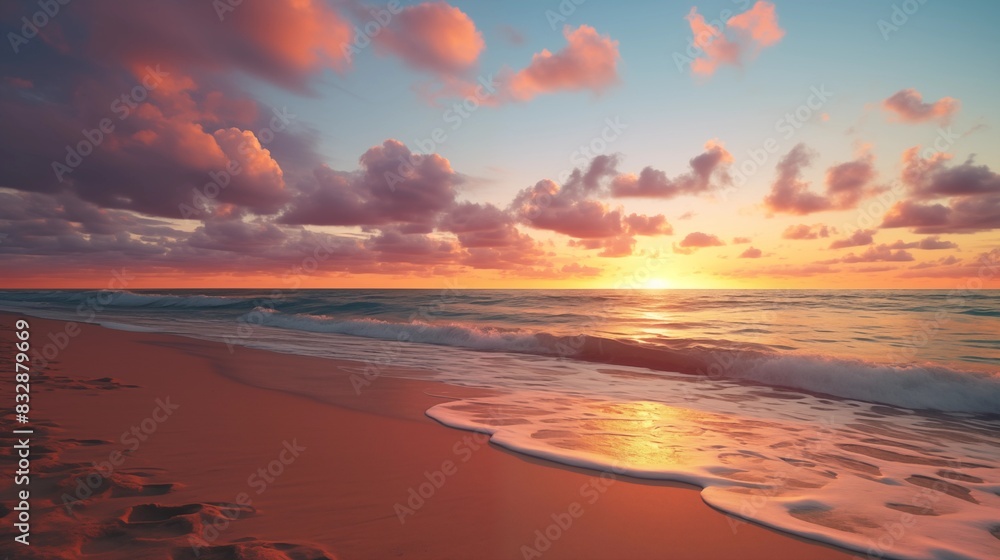 Fototapeta premium Spectacular Sunset with Ocean Waves and Serene Beach