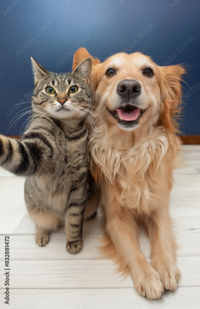 Cat and dog together, cat with paw extended, taking a selfie with his best friend. Cat and dog together, cat with paw extended, taking a selfie with his best friend.