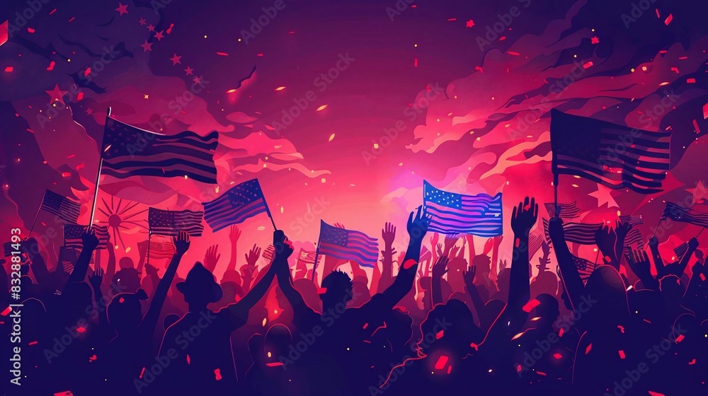 Generate a visual of a patriotic concert with people waving flags