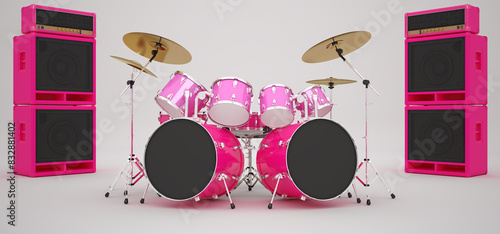 A pink drum kit and pink guitar amps stand on a white background. 3D Render.