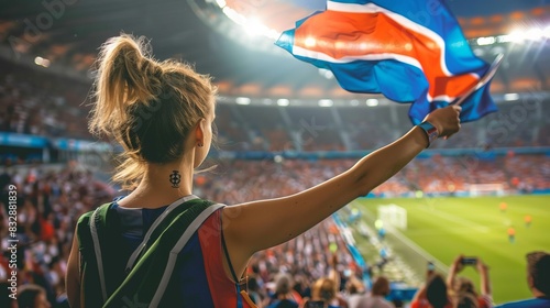 A woman holding a flag in a stadium full of people Football fan at the European Football Championship © Bi