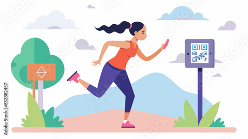 A woman takes a break from her morning run to scan a QR code on an AR trail sign revealing a highintensity interval training workout.. Vector illustration