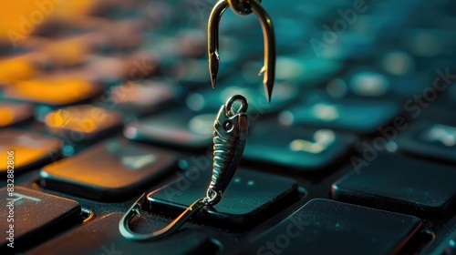 phishing and cyber crime concept. fishing hook on computer keyboard photo