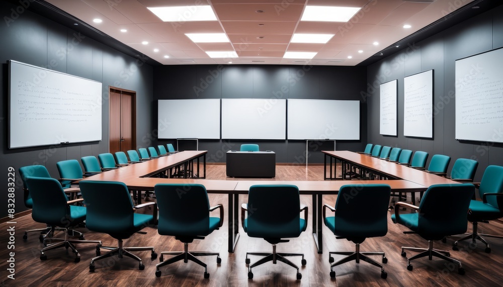 A sleek, modern conference room with turquoise chairs, whiteboards, and a central black table, designed for corporate meetings.. AI Generation A sleek, modern conference room with turquoise chairs, whiteboards, and a central black table, designed for corporate meetings.. AI Generation