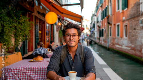 An Asian tourist man drinking coffee in Venice, Italy