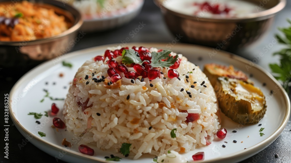 Pomegranate studded curd rice served with pickle on a white plate Pomegranate studded curd rice served with pickle on a white plate
