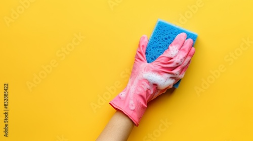 Hygiene and household chores concept hand in pink glove holding blue sponge on yellow background