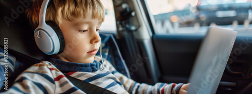 A young boy, headphones on and laptop open, sits transfixed in the backseat of a car, navigating the road ahead as a tech-savvy child, photo